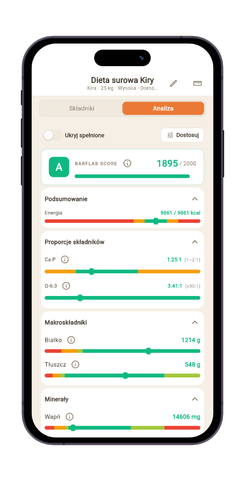 BarfSense sugerujący produkty podczas układania diety
