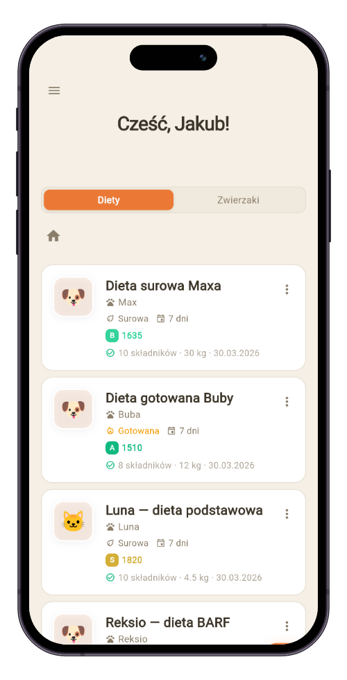 Lista zapisanych diet w BARFLAB