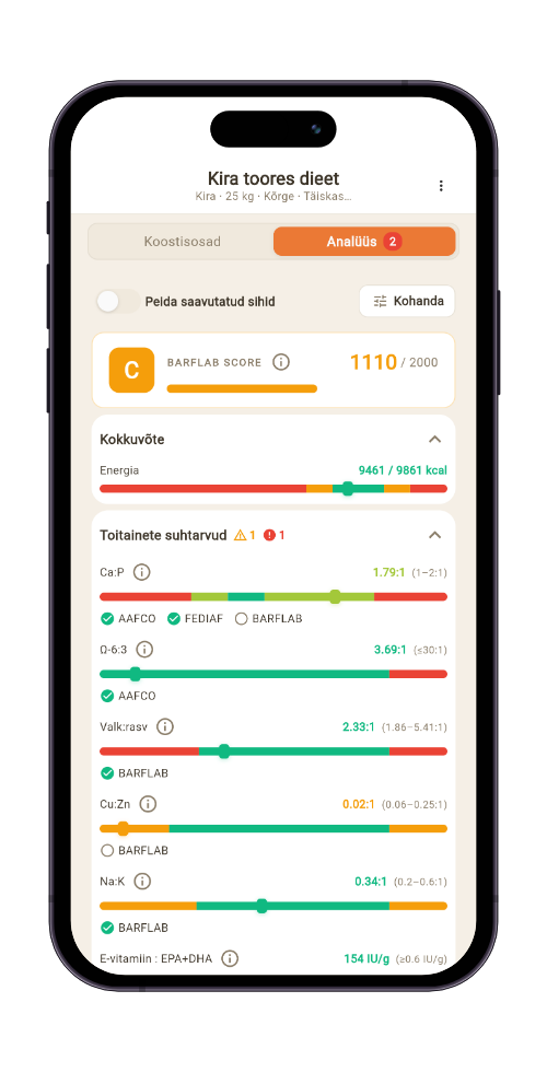 BarfSense soovitab tooteid dieedi koostamise ajal