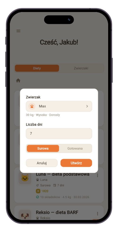Tworzenie nowej diety w BARFLAB