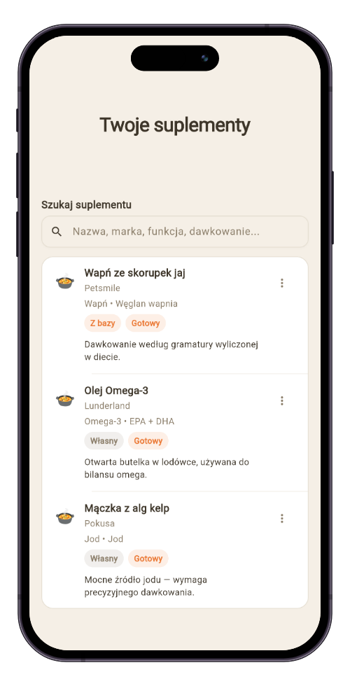 Lista własnych suplementów w BARFLAB